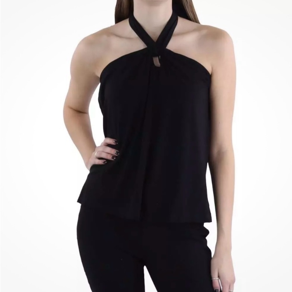 VINCE CAMUTO WOMENS
SLEEVELESS TANK RUCHED HALTER
TOP-Elegant Black Halter Top